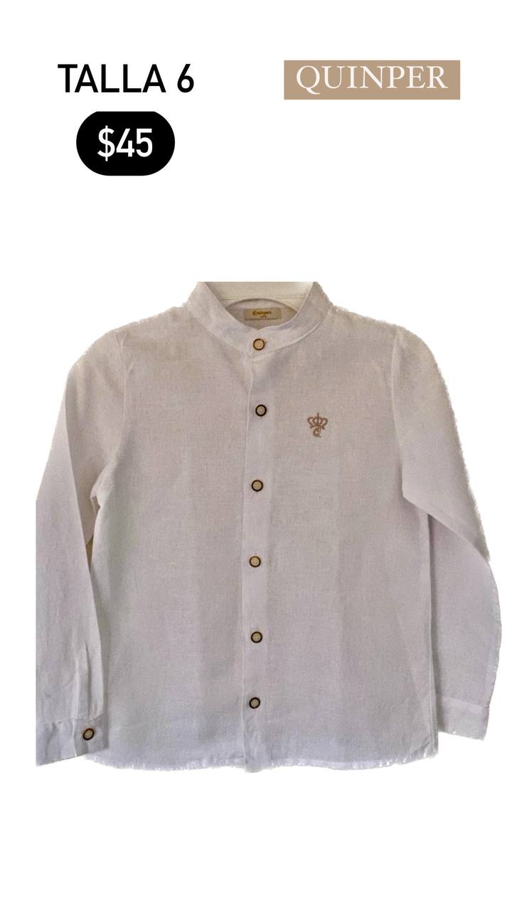 Conjunto: Camisa Lino Blanca Cuello Mao y Botones con Detalles junto a Short Lino Beige QUINPER Talla 6