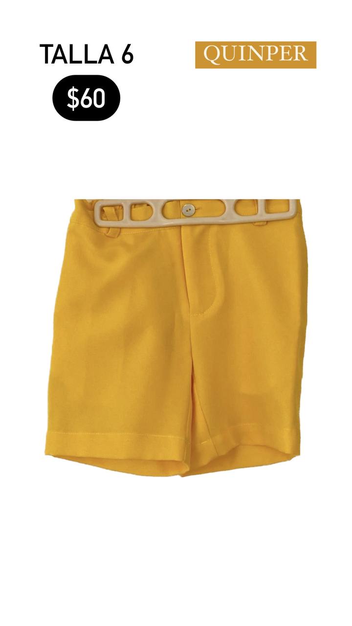 Set 3 piezas: Camisa de Lino Amarilla con Cuadros Pequeños Cuello Mao y Botones junto a Short Blanco y Short Amarillo BABINE Talla 6