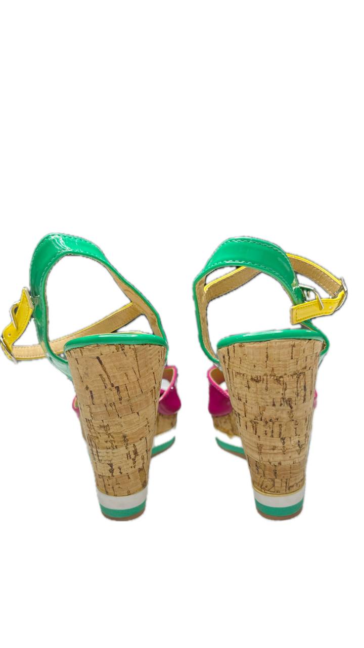 Sandalias de Corcho Verde Amarillo y Fucsia TODO PIEL Talla 36